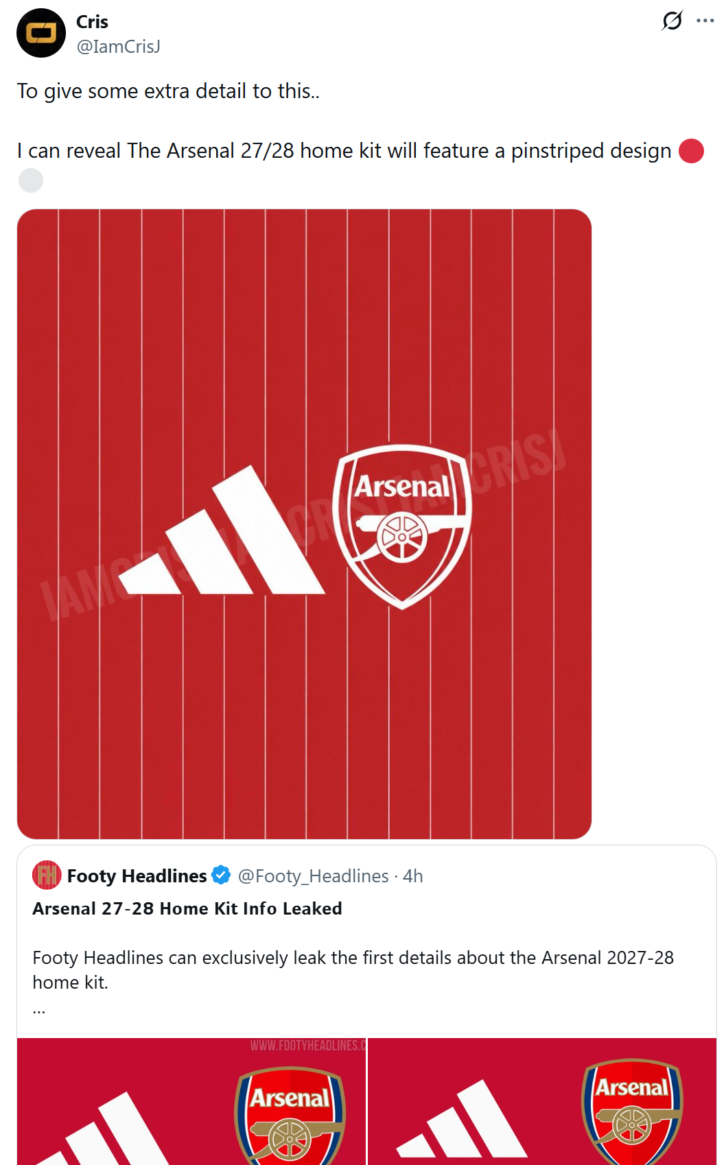 Le leaker Cris (@IamCrisJ) révèle le motif à fines rayures du maillot Arsenal 27-28