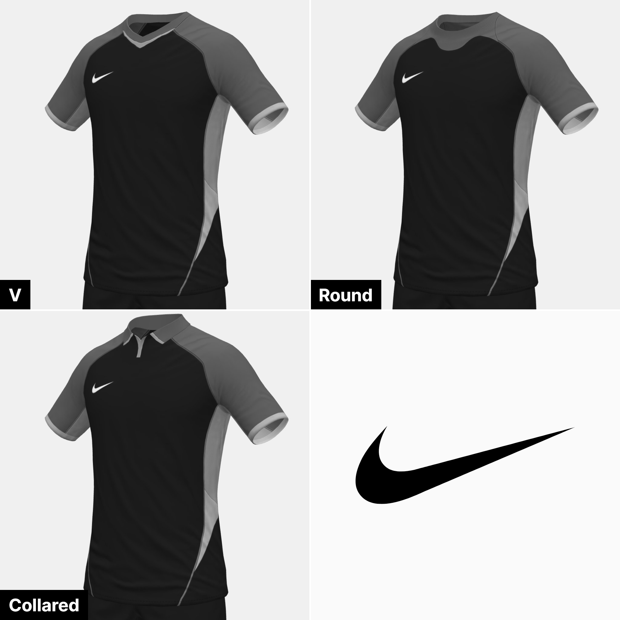 Les trois cols du template Nike 2028-2029 : col V, col rond et col polo