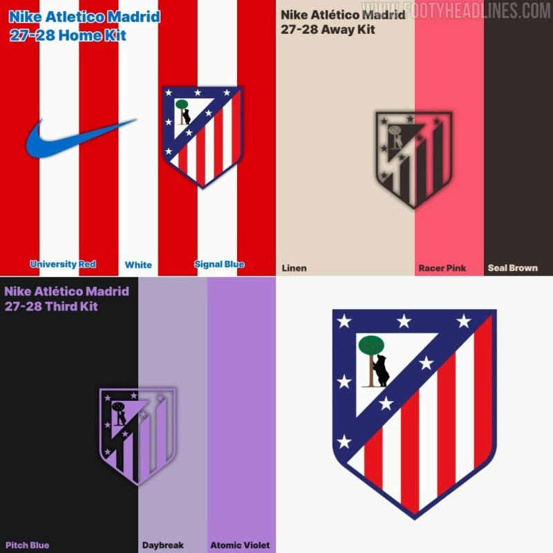 Vazaram informações sobre as camisas titular, reserva e terceira do Atlético de Madrid para a época 2027-2028