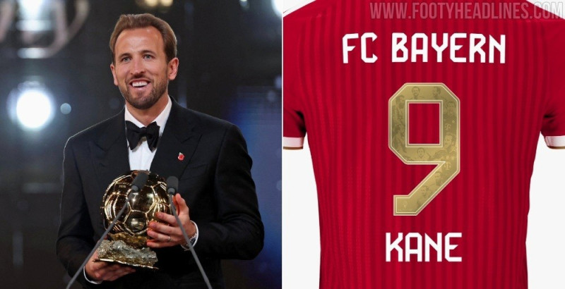 Conjunto especial dourado com o nome de Harry Kane no Ballon d'Or lançado pelo Bayern de Munique
